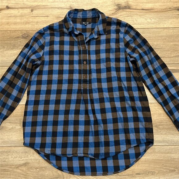 Madewell Flannel Drop-Shoulder Popover Top SZ Medium Blue Brown Check Button - Picture 2 of 12